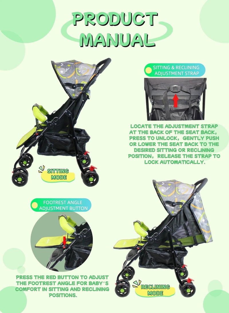 Foldable Ultra Lightweight Travel Stroller with Multi Position Reclining Seat Adjustable Canopy Foldable Storage Basket NO.1102 - Image 4